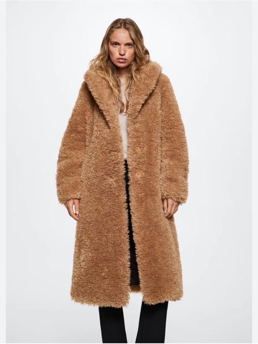 MANGO Faux Bouclé Shearling Coat Teddy Long Curly Faux Fur Long Sleeves Sz S